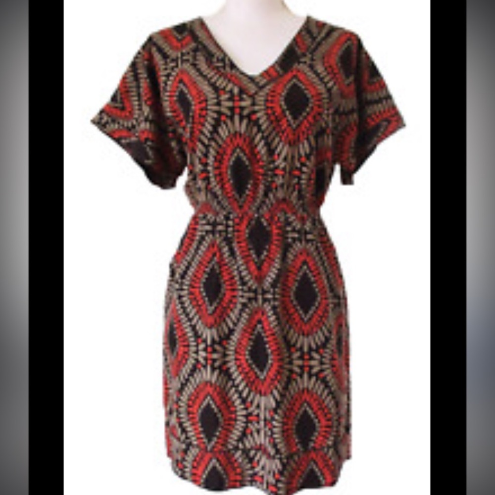 Banana Republic Factory Black/Gray/Coral Abstract Lightwt V-Neck 6 Dress EUC